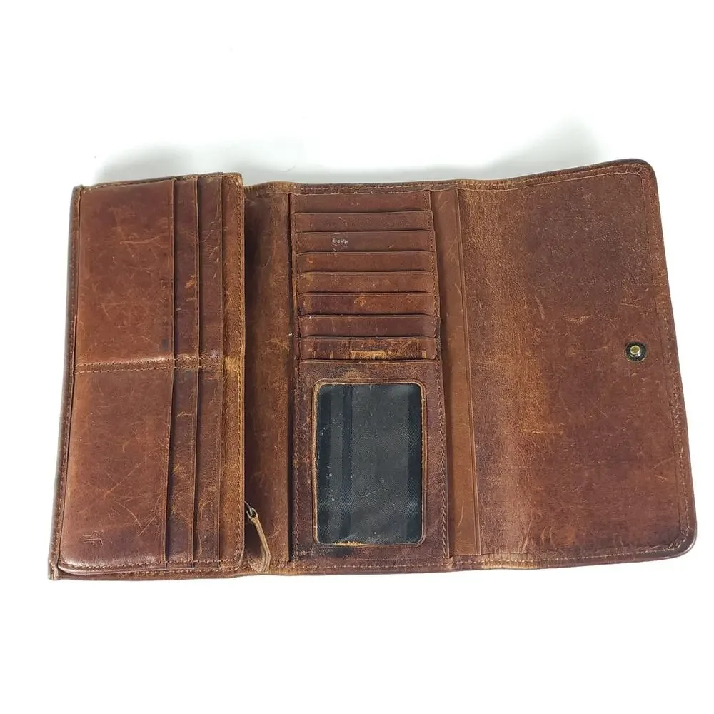 Frye Melissa Continental Cognac Brown Distressed Leather Snap Trifold Wallet - Picture 7 of 13